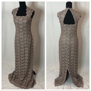 Taupe Lace Open Back Evening Gown